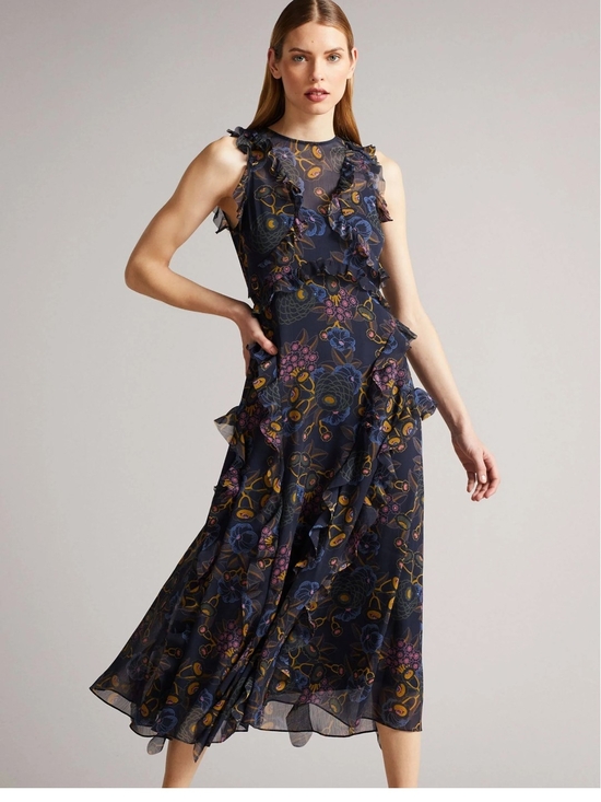 Ted Baker Dresses & Skirts - Ted Baker Karolia Floral Ruffle Midi Dress with Purple Accents